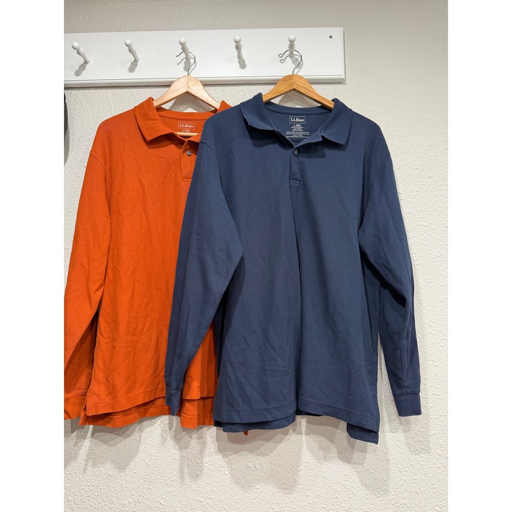 L.L.Bean Men's 2 Pack Long Sleeve Pique Polo Shirts L Navy Orange 236477 Preppy